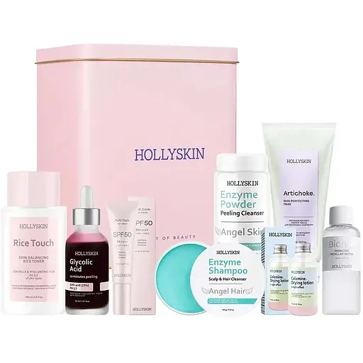 Подарунковий набір Hollyskin Superstars: Ліфтинг маска 100 мл + Засіб від прищів 15 мл + Сироватка-пілінг для обличчя 30 мл + Тонер для обличчя 200 мл + Сонцезахисний крем для обличчя 10 мл + Пудра-пілінг для обличчя 50 г + Міцелярна вода 60 мл + Шампунь 100 г