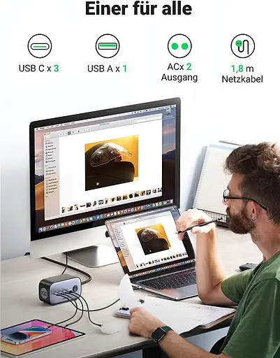 Мережевий зарядний пристрій Ugreen CD270 GaN DigiNest Pro 1*USB-A+3*USB-C 100W EU 1.8m (60167) - фото 4