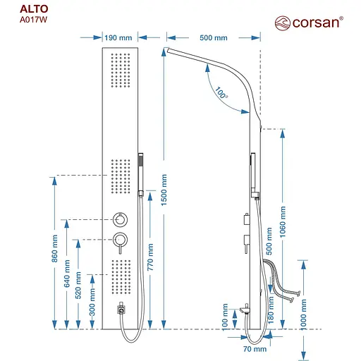 Душова панель Corsan Alto silver з виливом A017MSLW, Сірий - фото 2