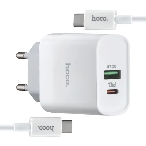 Сетевое зарядное устройство Hoco C80A Rapido PD20W + QC3.0 charger set Type-C to Type-C (EU) Белый - фото 1
