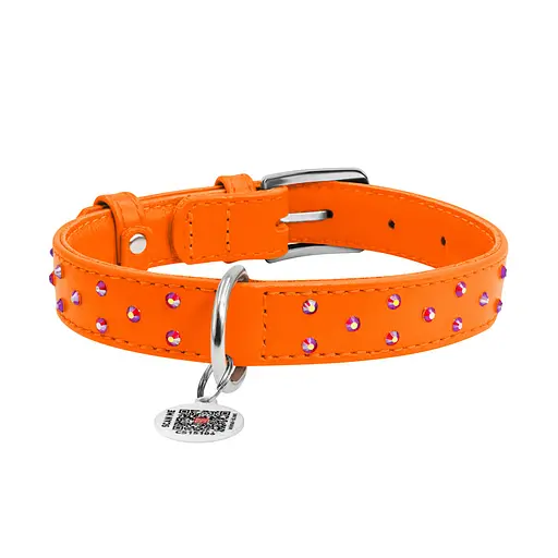 Ошейник для собак кожаный Waudog Glamour с QR-паспортом с клеевыми стразами Ш 25 мм Д 38-49 см оранжевый - фото 3