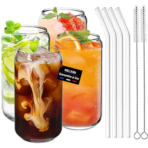 Склянки для пиття NELXIBI з бамбуковою кришкою та скляною соломкою, упаковка з 4 штук, 460 мл/16 унцій для коктейлів, склянка