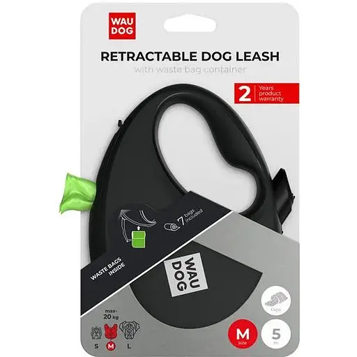 Повідець-рулетка для собак Waudog R-leash з контейнером для пакетів, світловідбивна стрічка, М, до 20 кг, 5 м, чорний - фото 6