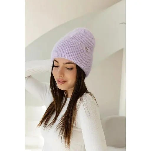 Теплая женская шапка Ангора Сердечко с флисовой подкладкой Сиреневый - фото 1