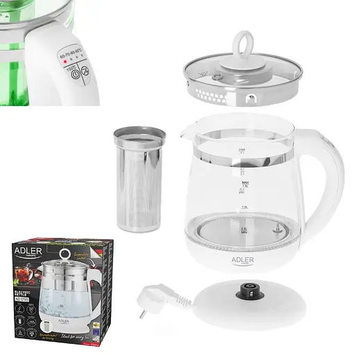 Стеклянный чайник Adler AD 1299 белый объемом 1.5 л с заварочным блоком и контролем температуры - фото 7