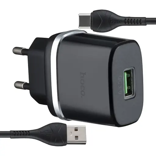 Сетевое зарядное устройство Hoco C12Q Smart QC3.0 charger set ( Type-C ) ( EU ) Черный - фото 1