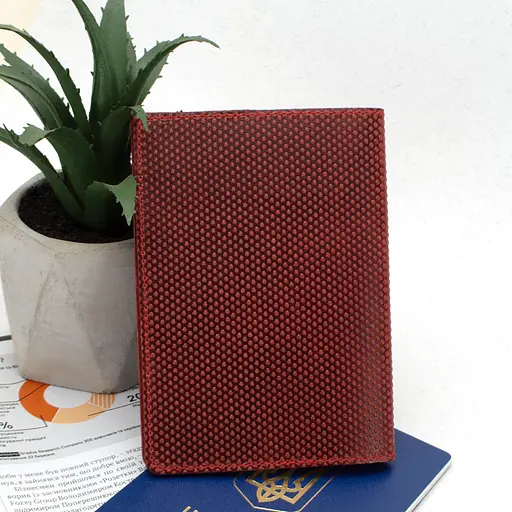 Обложка на паспорт кожаная "Герб" красная с тризубом - фото 2