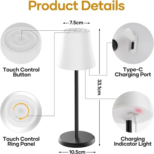 Бездротова настільна лампа, що перезаряджається, регульована нічник, 3 кольори + RGB, сенсорне управління, настільна лампа на бата - фото 4