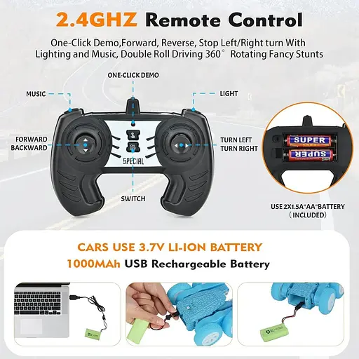 Автомобіль з дистанційним керуванням Ykgutilu, що обертається на 360° RC Stunt Car зі світлодіодним підсвічуванням та музикою - фото 3