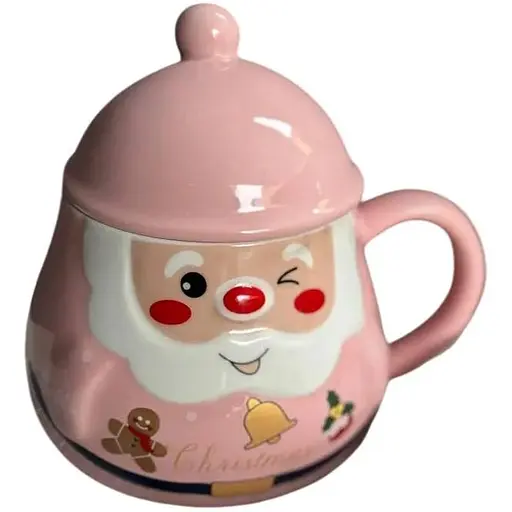 Новорічна чашка Olens Різдвяний помпон з кришкою керамічна 350 мл Рожева - фото 1