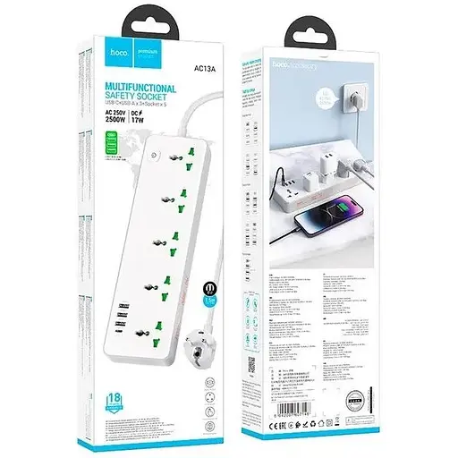 Подовжувач мережі Hoco AC13A на 5 розеток 3USB/1Type-C 10A 250V 1.5 м 2500W білий - фото 4