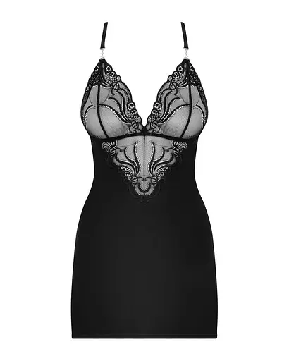 Сатиновый комплект для сна с кружевом Obsessive 828-CHE-1 chemise & thong черный сорочка стри S/M - фото 5