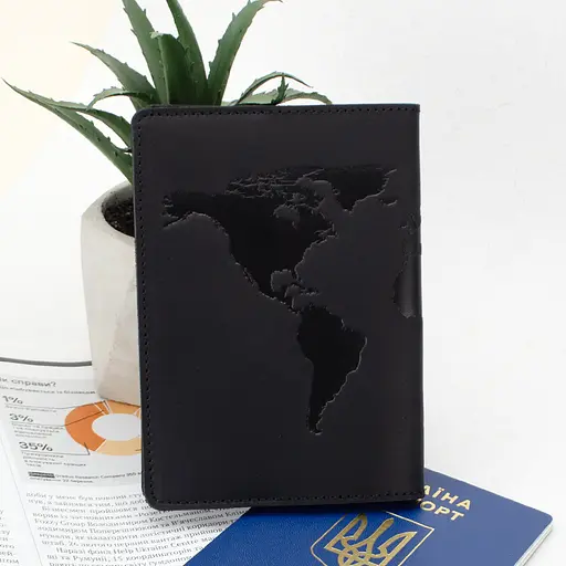 Обложка кожаная на загранпаспорт "Карта" (черная) - фото 2
