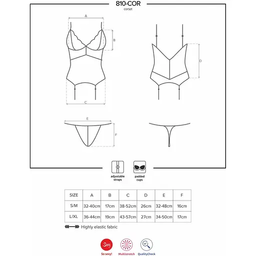 Сатиновый кружевной корсет Obsessive 810-COR-1 Babydoll & Thong S/M, черный, корсет, танга - фото 7