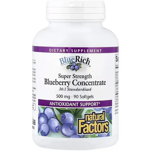 Концентрат черники Natural Factors BlueRich Bluberry Concentrate Super Strength, 90 капсул для поддержки зрения и сосудов