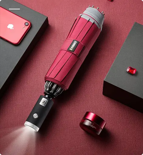 Парасоля складна автоматична з ліхтариком Zuodu (ZD002-LED) Red - фото 2