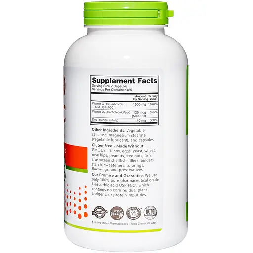 Диетическая добавка NutriBiotic Vitamin C + D3 & Zinc 250 капсул - фото 3