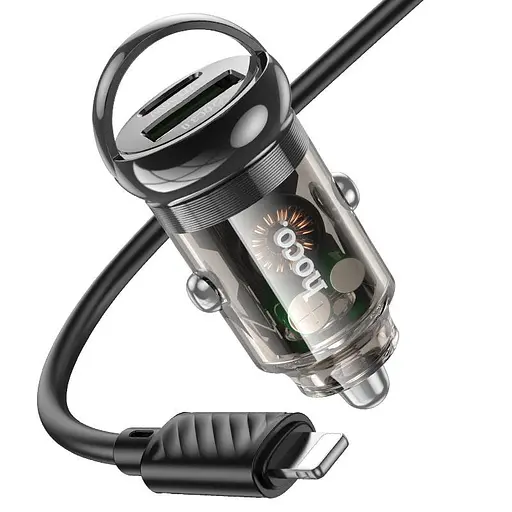 Адаптер автомобільний HOCO DZ3 2 USB car charger + кабель Lightning прозоро чорний - фото 1
