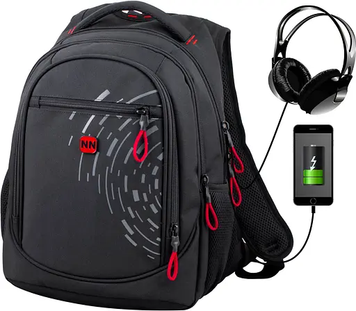 Рюкзак для підлітків до школи чорний з USB зарядним пристроєм для хлопців Winner / SkyName (90-108 R)