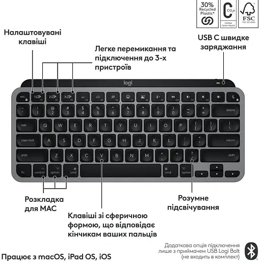 Клавиатура Logitech MX Keys Mini For Mac Minimalist Wireless Illuminated Space Gray (920-012652) - фото 3