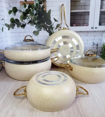 Набір каструль O.M.S. Collection 3024 9 предметів з гранітно-мармуровим покриттям Cлонова кістка - фото 5