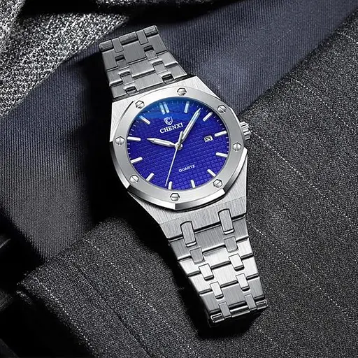 Мужские наручные часы Tiong Нержавеющая сталь Дата Водонепроницаемые аналоговые кварцевые часы Серебристо-голубые часы - фото 5