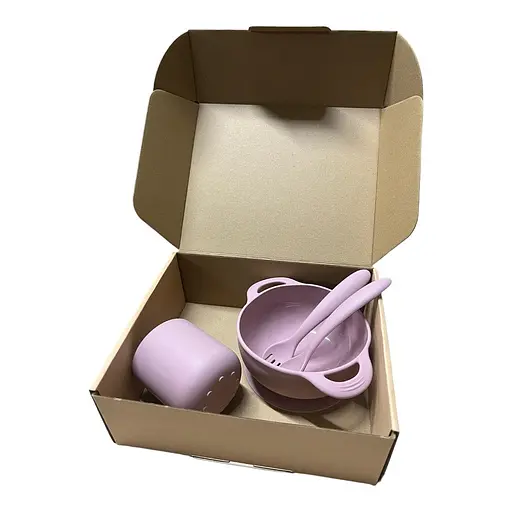 Набір силіконового посуду OldBro plum силіконова тарілка на присосці, кухоль та прилади, 4 предмети - фото 2