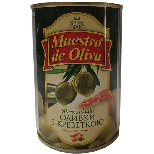 Оливки Maestro de Oliva без косточки креветка 280 г жестяная банка ключ