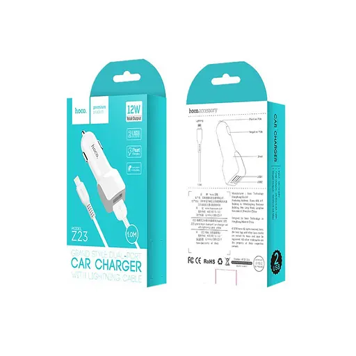 Автомобильное зарядное устройство Hoco Z23 2 USB белый + кабель USB to Lightning - фото 3