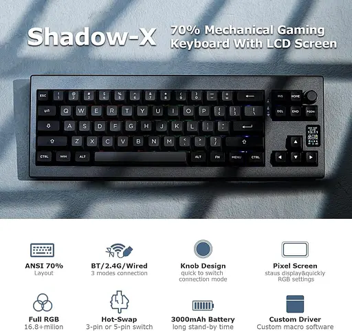 Механічна клавіатура EPOMAKER Shadow-X Gasket, провідна бездротова ігрова клавіатура з екраном та можливістю гарячої заміни, 2,4 Г - фото 2