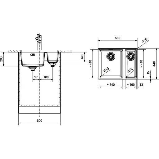 Кухонна мийка Franke Sirius, тектонайт, прямокутник, без крил, 560х435х200мм, чаша - 1.5, під стільницю, SID 160, чорний - фото 2