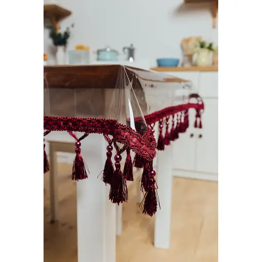 Скатерть силиконовая с бордовой бахромой с жемчугом 310х160 см - фото 1