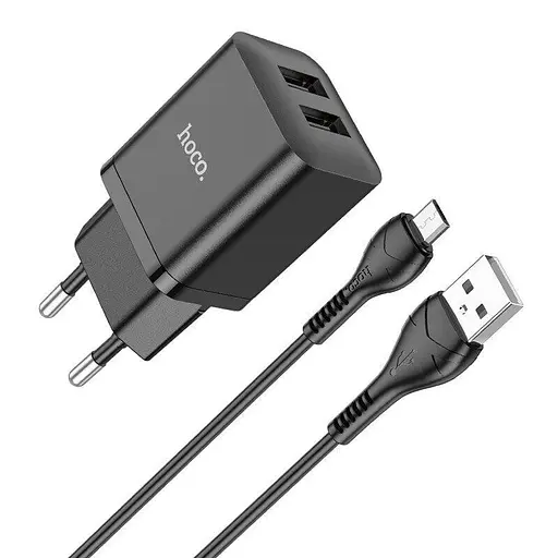 Комплект зарядний Hoco N25 Maker (2 USB) + Кабель MicroUSB чорні 6931474782113 - фото 3