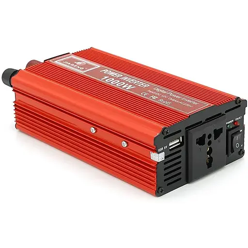 Інвертор напруги Voltronic Jiageng 1000ВА(600Вт), 12/220V, approximated, 1 універсальна розетка, клем + крокодили, Red, Box