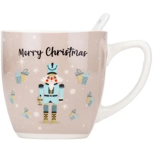 Новогодняя чашка Elisey 9150-002-1 Merry Christmas керамическая с ложкой 175 мл Бежевая - фото 1