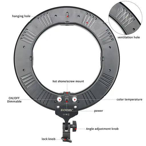 Держатель с кольцевым освещением Zomei 14" ZM336 180cm Tripod Stand 3200-5600 K питание от розетки - фото 7