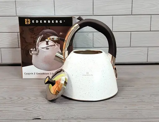 Хороший металевий чайник зі свистком нержавіюча сталь з мармуровим покриттям Edenberg 3л EB-3541W Білий - фото 6