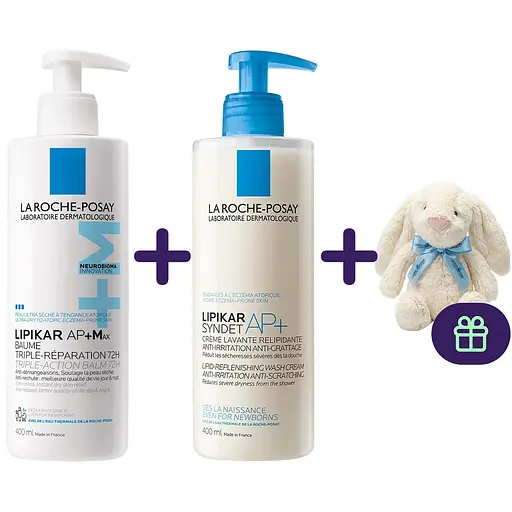 Набір La Roche-Posay: Бальзам для тіла Lipikar AP+M 400 мл + Очищувальний крем-гель для тіла Lipikar Syndet АР+ для сухої шкіри 400 мл + Подарунок. Дитяча іграшка-зайчик.