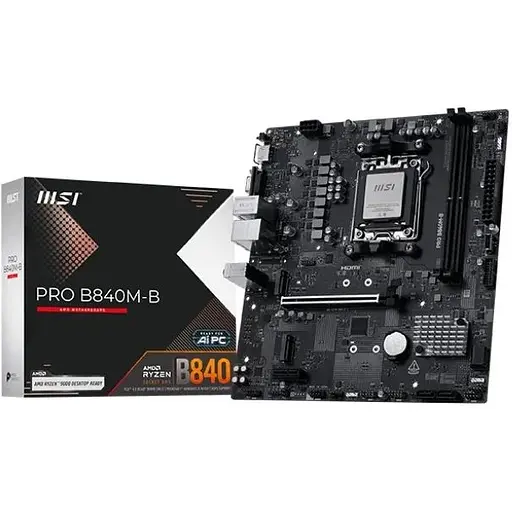 Материнская плата MSI PRO AM5 B840M-B, B840, 2xDDR5, Int.Video (CPU), 4xSATA3, 2xM.2, 1xPCI-E 4.0 x16, 2xPCI-E 3.0 x1, ALC897, Realtek 8125D 2,5 Гб, 7xUSB 3.2 / 6xUSB 2.0, VGA/HDMI, MicroATX - фото 2