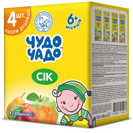 Сік Чудо-чадо Яблуко-абрикос + Яблуко + Яблуко-персик + Яблуко-груша 4 шт по 200 мл