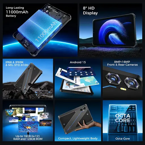 Планшет Oukitel RT3plus 8” HD / 4GB/128GB / G81 / 11000mAh / 16+8Мп / IP69K / LTE Blue - фото 3