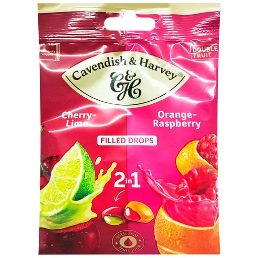 Цукерки Cavendish & Harvey Double Fruit Mixbag Вишня з наповнювачем Лайм та Апельсин з наповнювачем Малина 75 г
