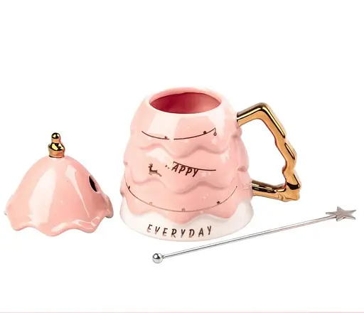 Керамічна чашка Різдвяна ялинка з кришкою та паличкою для розмішування 460 мл Рожевий - фото 2