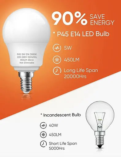 Светодиодная лампа Plusluck E14, шарики P45 E14, лампа для гольфа SES E14, теплый белый 3000K, 5 Вт, эквивалент 40 Вт, 450LM - фото 2