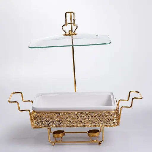 Мармитница настольная фарфоровая 3.5 литра мармит прямоугольный на подставке Белый с золотом Yiwu YL-77 - фото 4