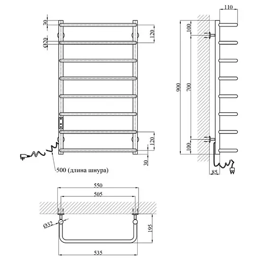 Полотенцесушитель электрический Kroner KRP Stil EL900x500-8 (CV036346) - фото 6