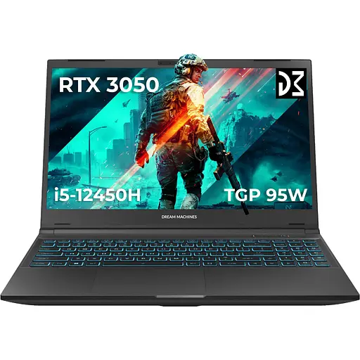 Dream Machines Ноутбук RG3050-15 15.6FHD IPS, Intel i5-12450H, 16GB, F1TB, NVD3050-4, DOS, черный