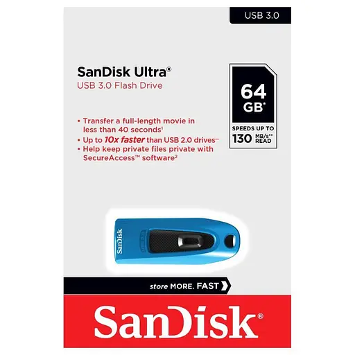 SanDisk Ultra 64GB, USB 3.0 Flash Drive,130MB/s read - Blue, EAN: 619659156701 - фото 2