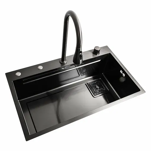 Кухонна мийка 75x45A PVD чорна Platinum Handmade Водоспад, Чорний - фото 2