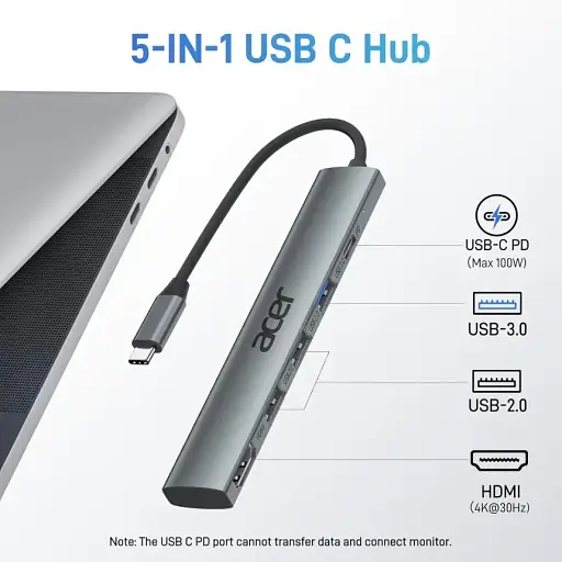 Концентратор Acer 5 в 1 USB C з 4K HDMI, потужністю 100 Вт, 3 портами даних USB A, багатопортовий адаптер USB C - фото 6